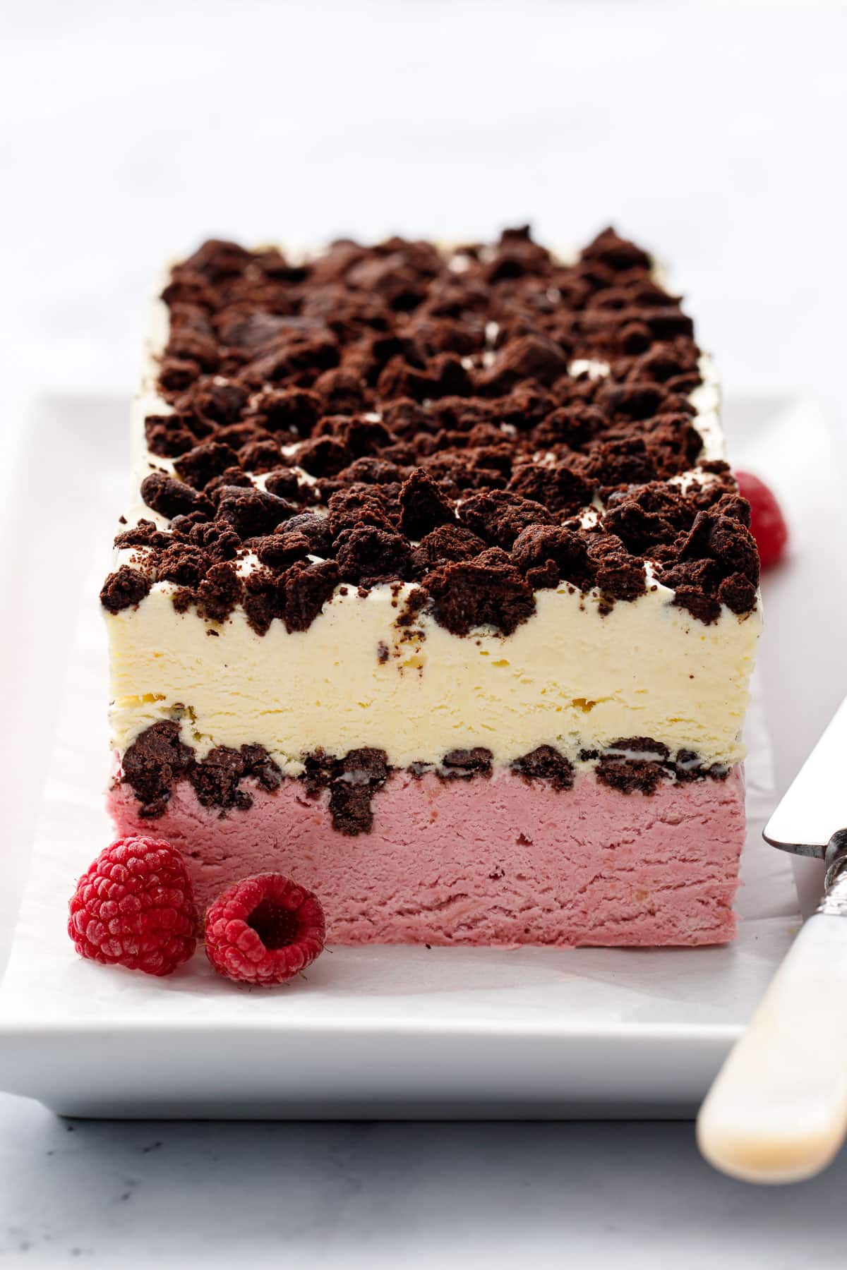 Full loaf of frozen Raspberry & Passionfruit Semifreddo, with visible layers of pink raspberry and pale yellow passionfruit, with Chocolate Crumbs in the middle and on top.