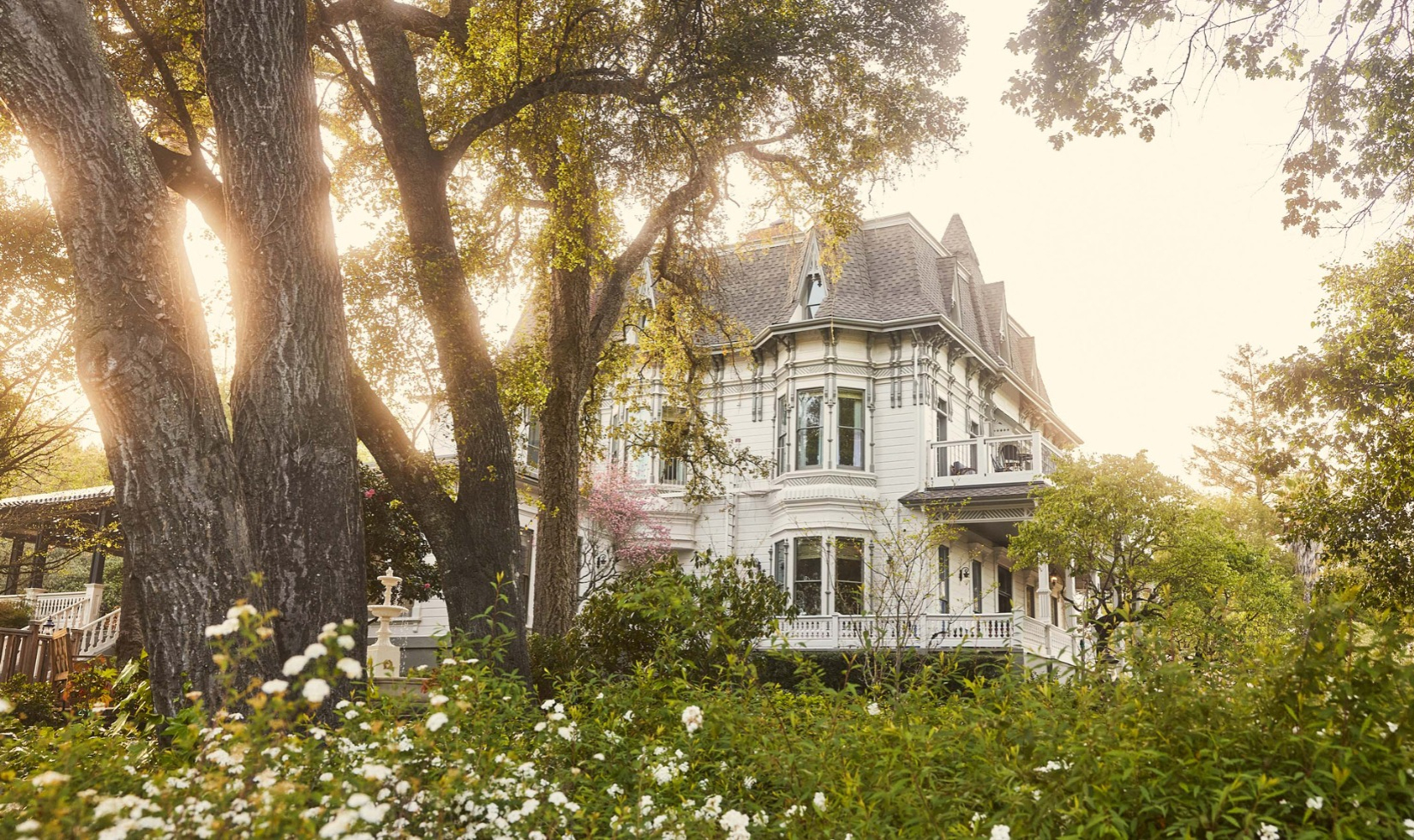 white large mansion at dusk with large trees and rose bushes 