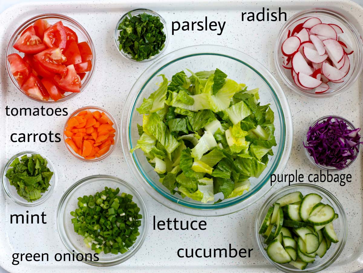 Ingredients to make fattoush salad.