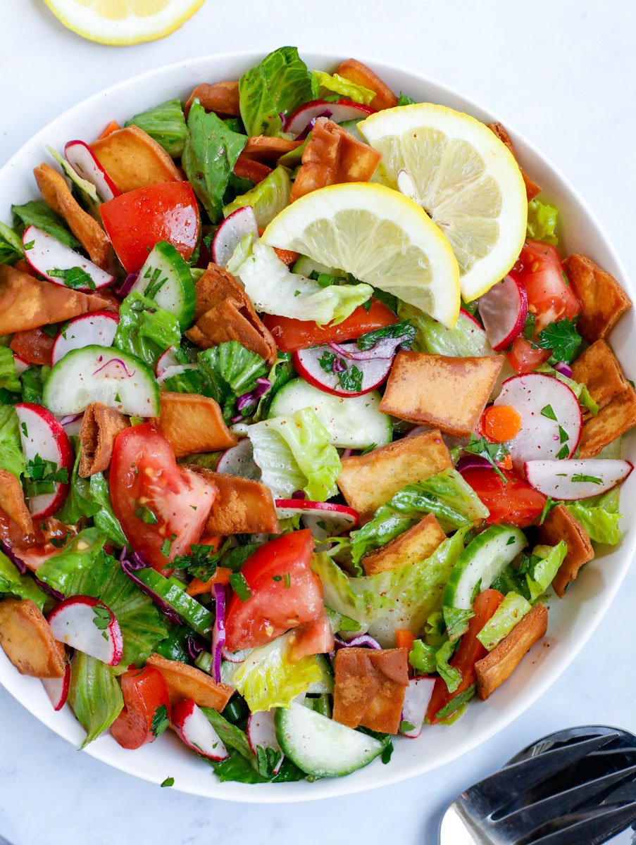 Fattoush salad served in a white bowl
