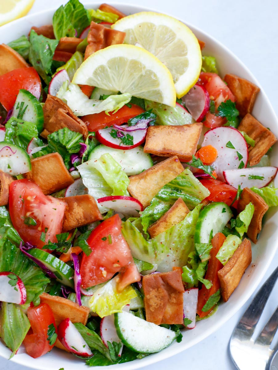 Close up of the made fattoush salad in a bowl.