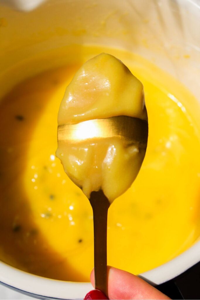 Lemon passionfruit curd on the back of a small spoon.