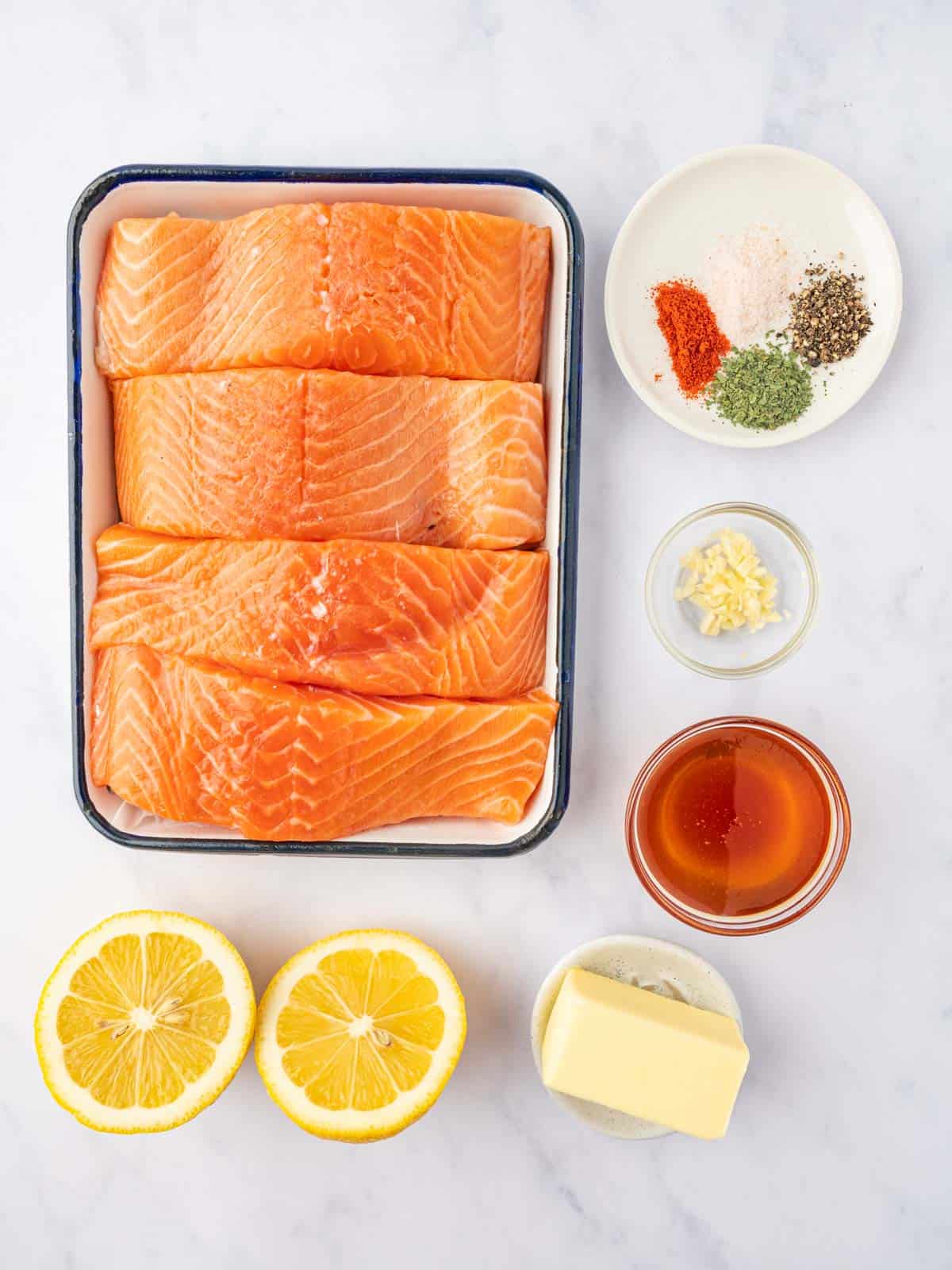 Ingredients needed for air fryer honey garlic salmon.