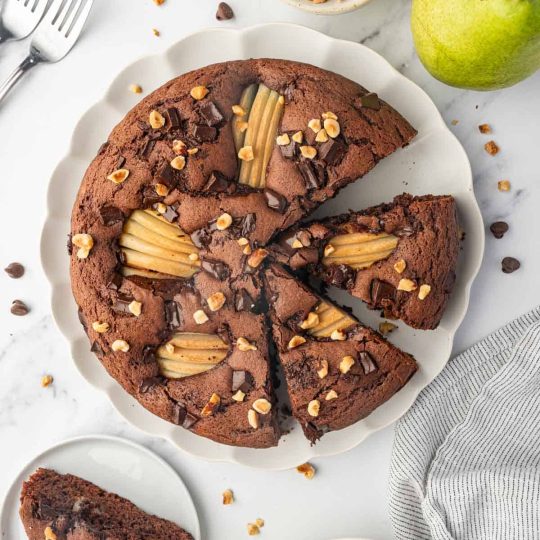 Chocolate cake with pears.
