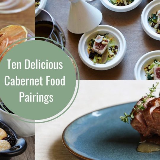 a photo collage of four Jordan Winery dishes that pair with Cabernet with image text "ten delicious Cabernet food pairings"